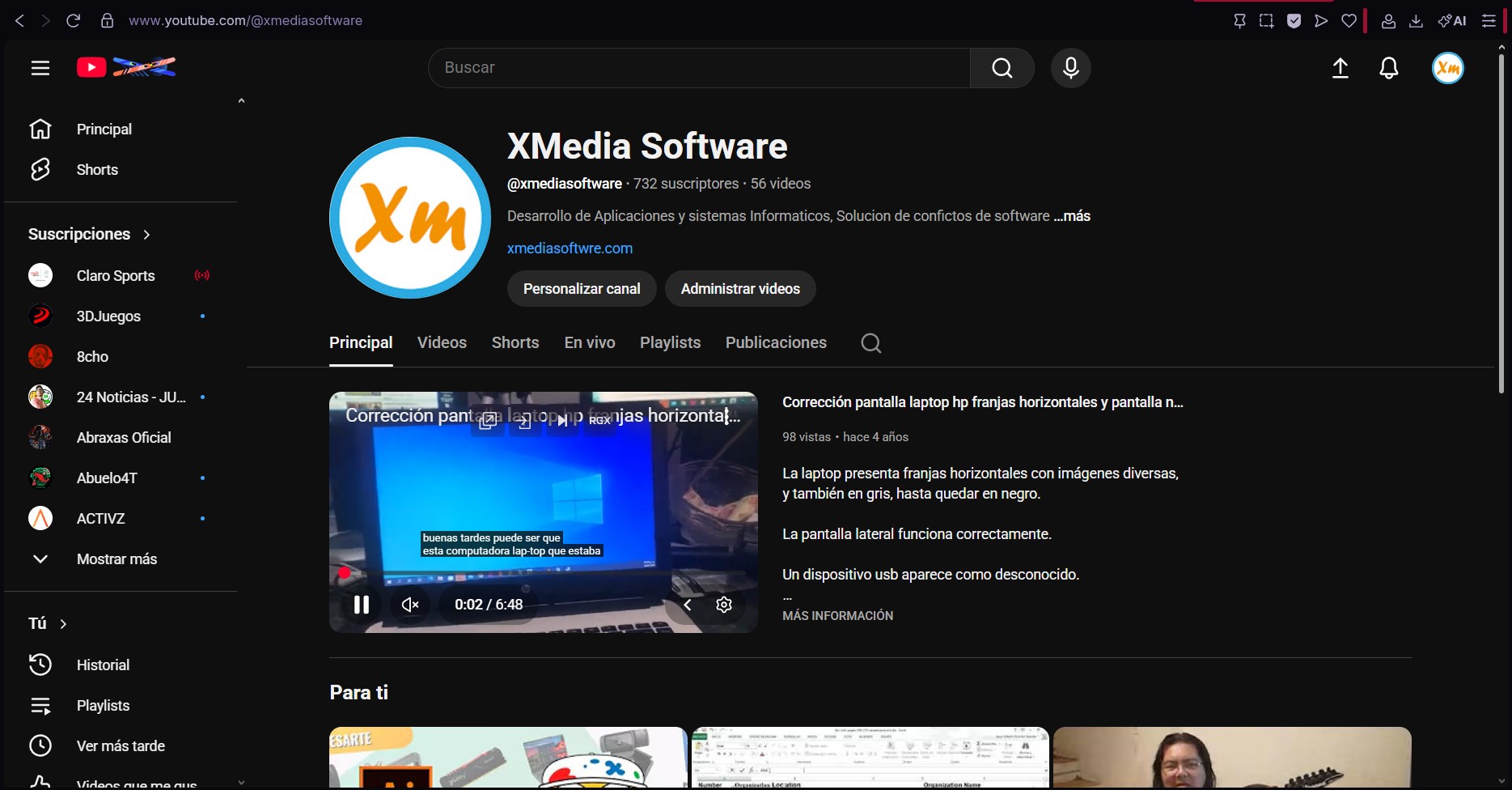 Pagina de Youtube de XMedia Software